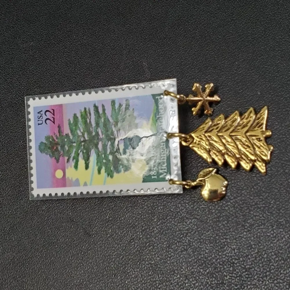 Michigan statehood stamp brooch gold tone